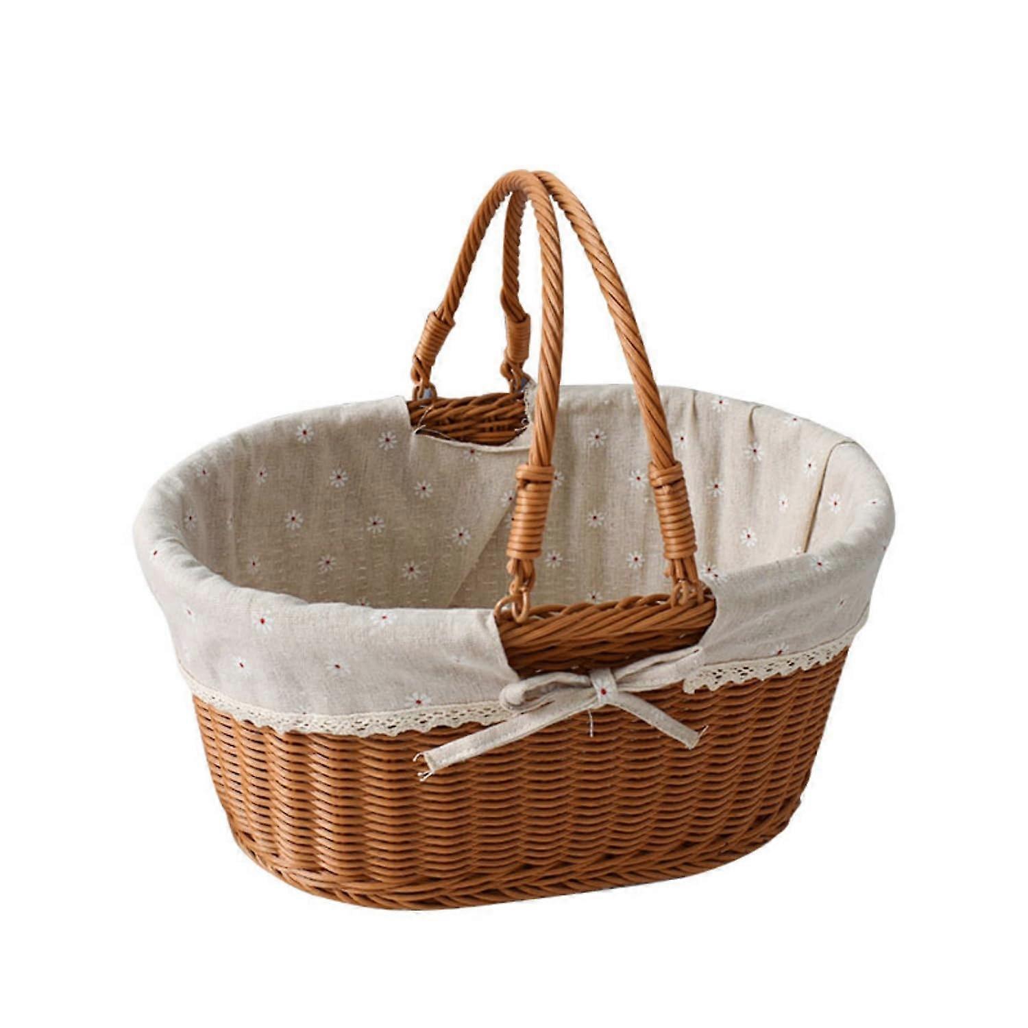 Imitation Rattan Picnic Basket Oval Small Poly Wicker Hand Woven Shopping Gift Basket with Folding Handles for Weddings