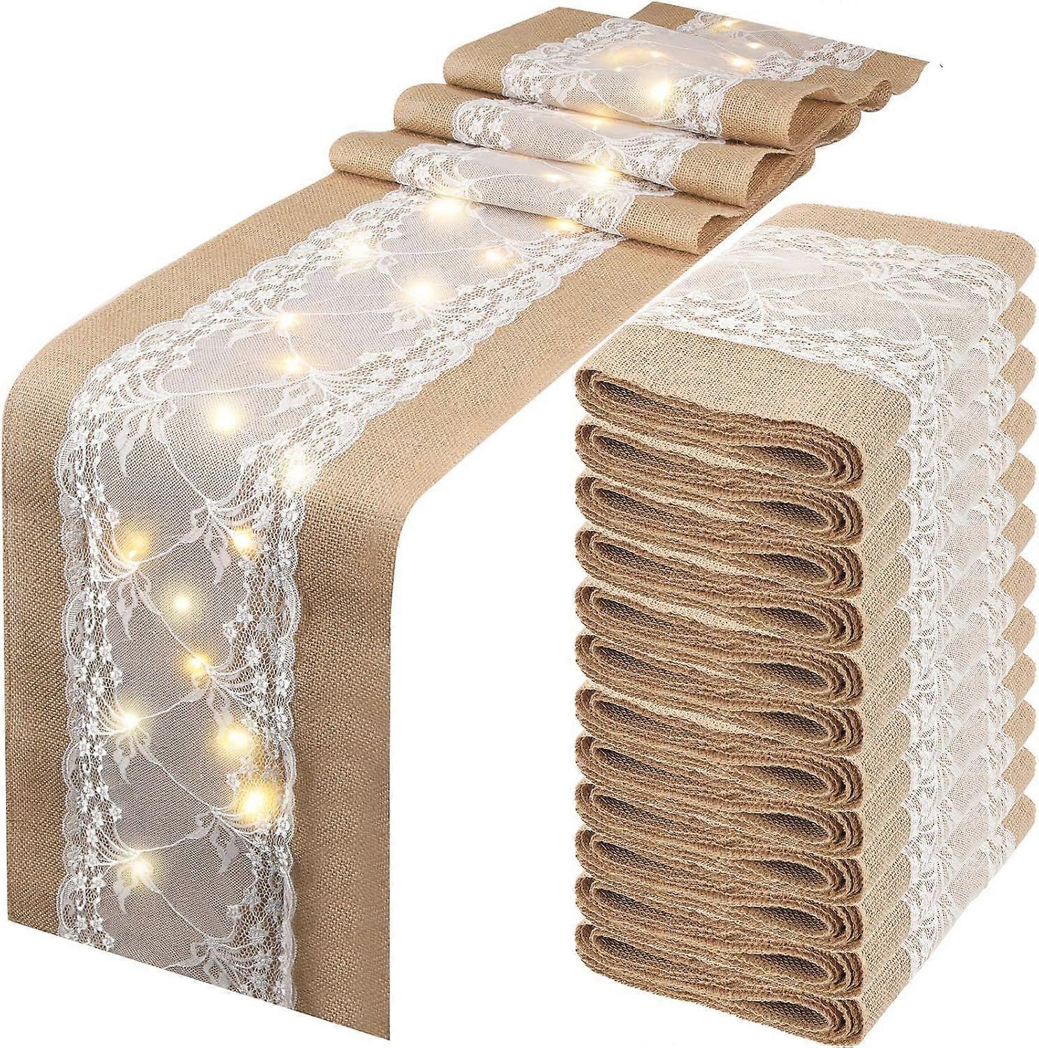 6 Pcs Burlap Table Runner with Lights 12 x 108 Inches Burlap Lace Table Runner