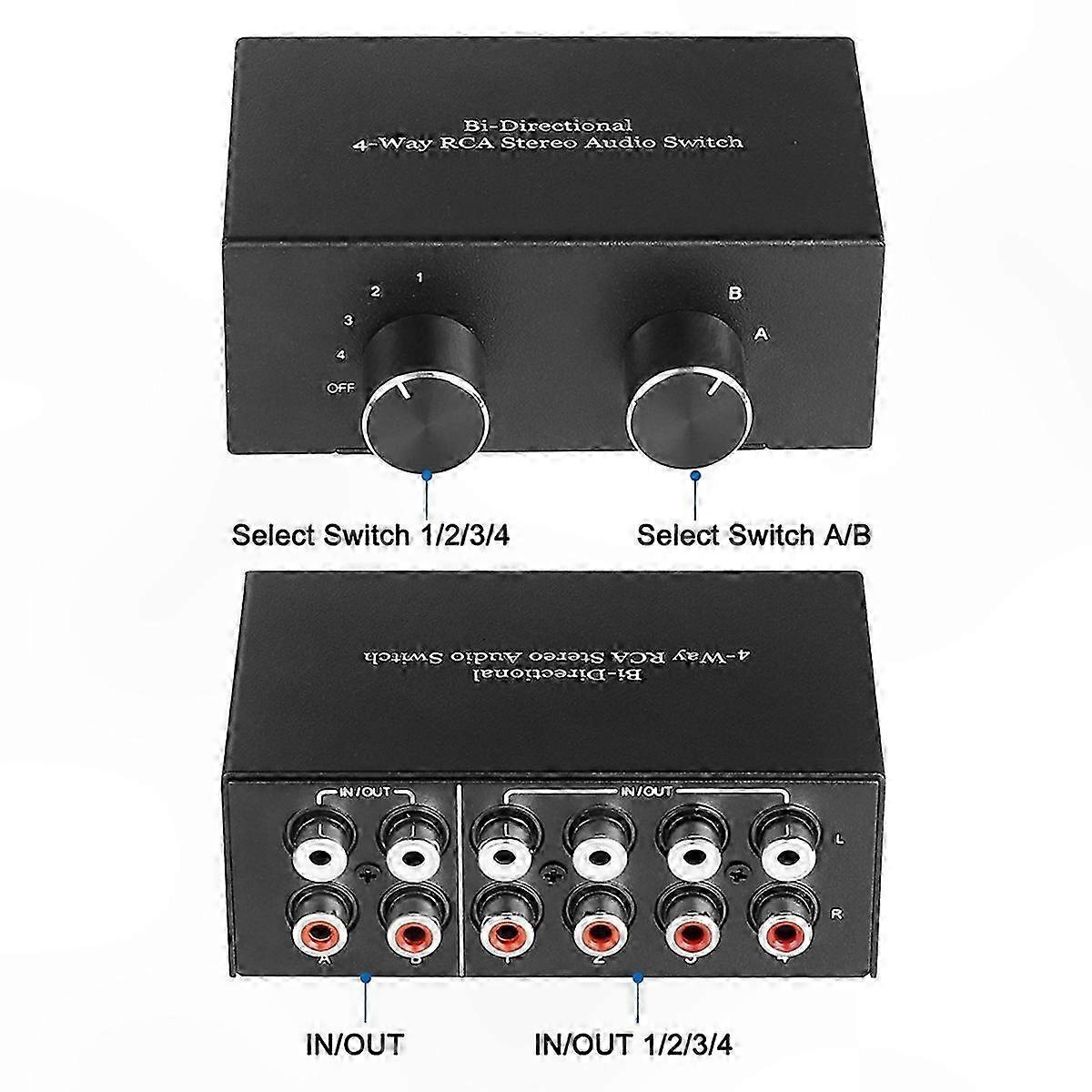 Bi-Directional 4-Port Audio Channel Switcher and Splitter for Stereo L/R Signals