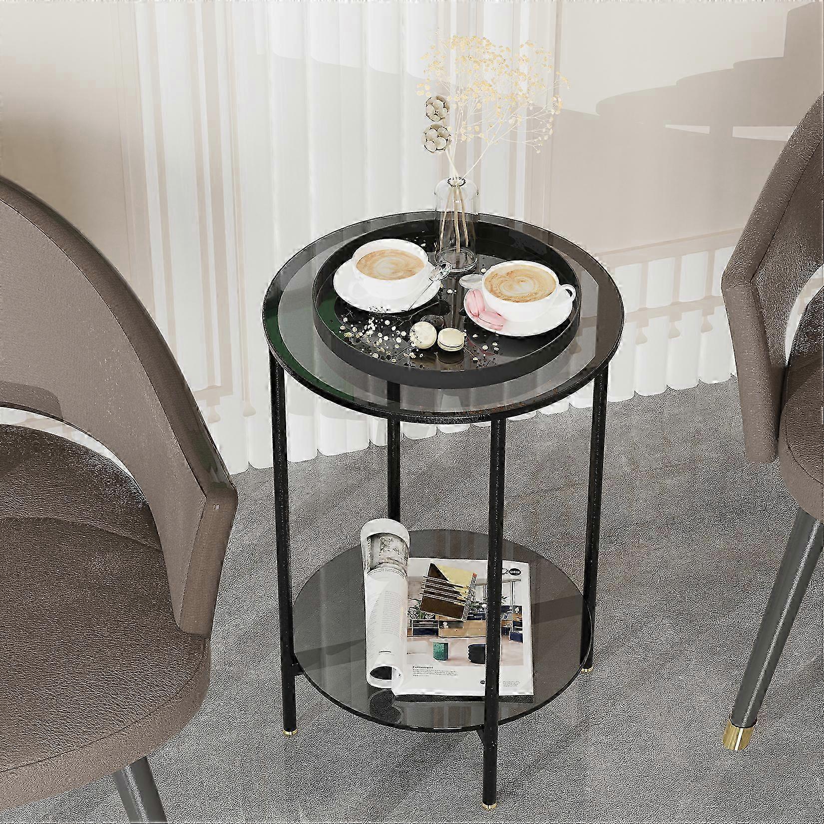 2025 Round End Table Sofa Side Table with Metal Frame Glass Top