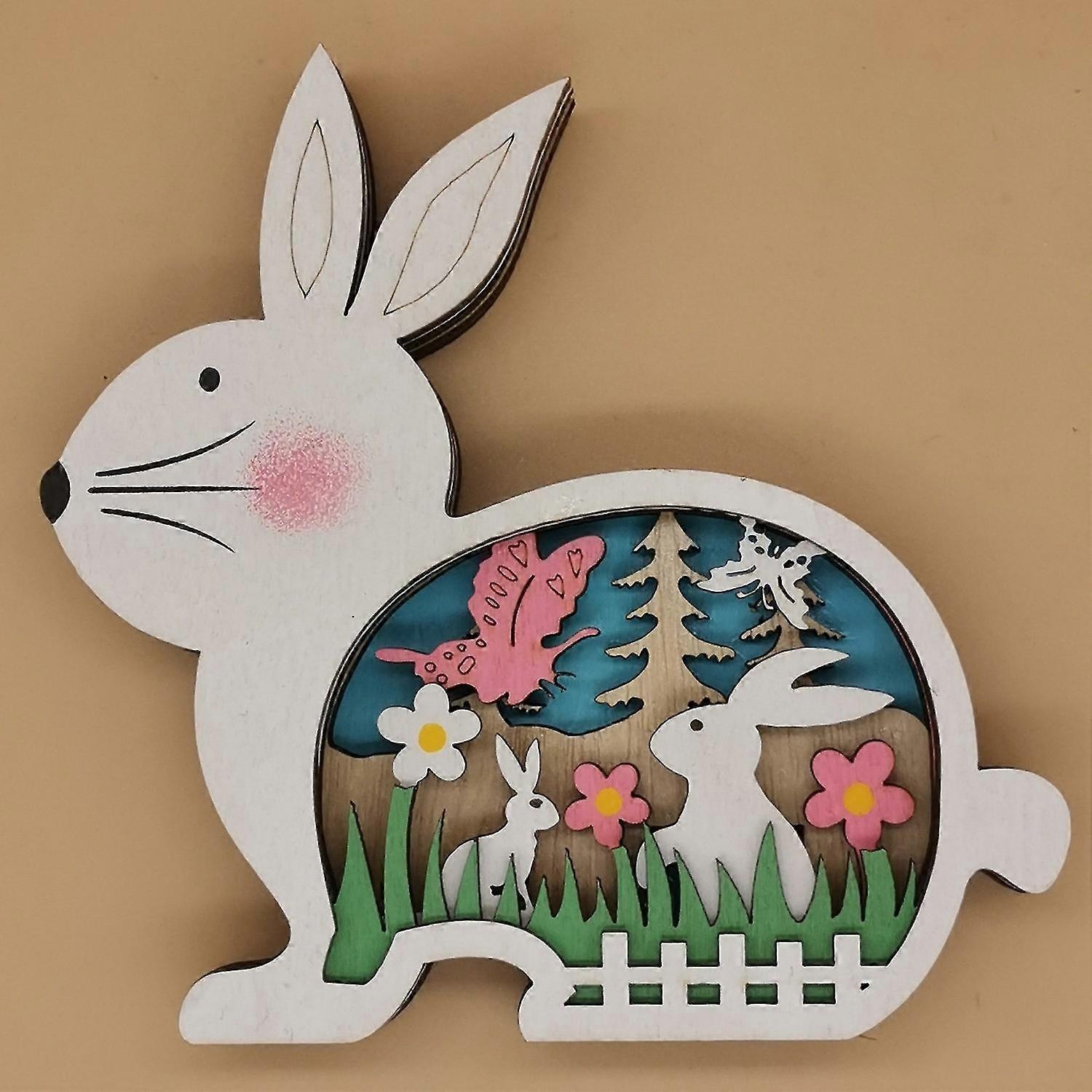 2 Pack Easter Bunny Decorations 3D Wooden Table Decorations with Lights Eco-Friendly Decor White