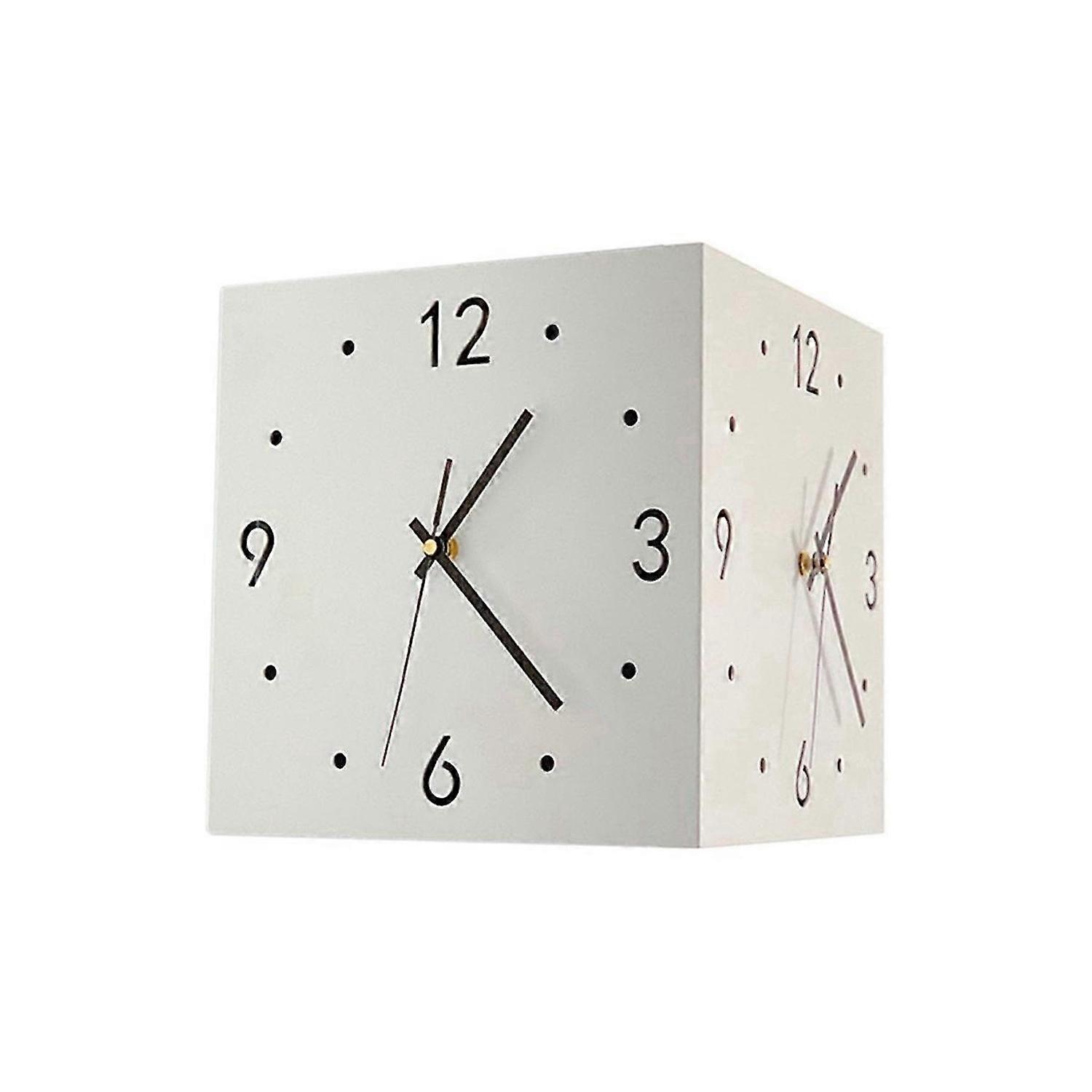 Quiet Square Wall Clock in Bedroom-Double-Sided, Sensor Charging, Luminous, Metal Corner Clock, (White)