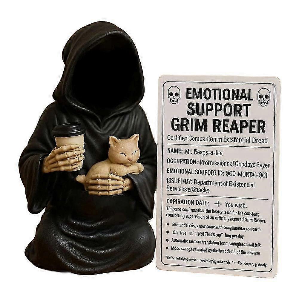 Resin Grim Reaper Figurine with Emotional Support Card, Unique Desktop Ornament for Halloween Theming