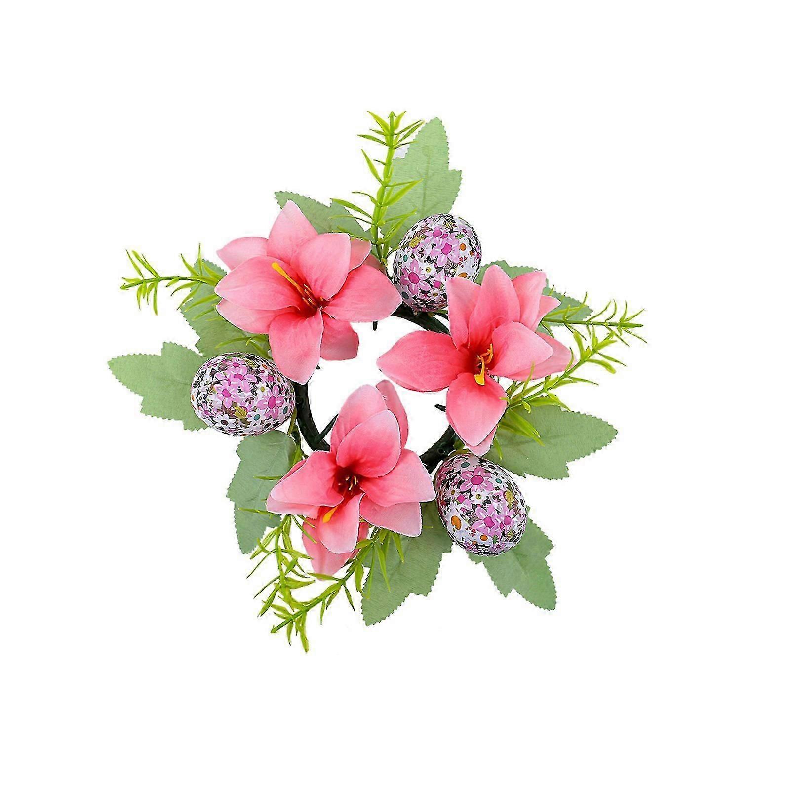 Set of 4 Candle Rings Wreath Wine Bottle Wreath with Artificial Flower Colorful Eggs for Table Centerpieces Decoration Yellow Cs