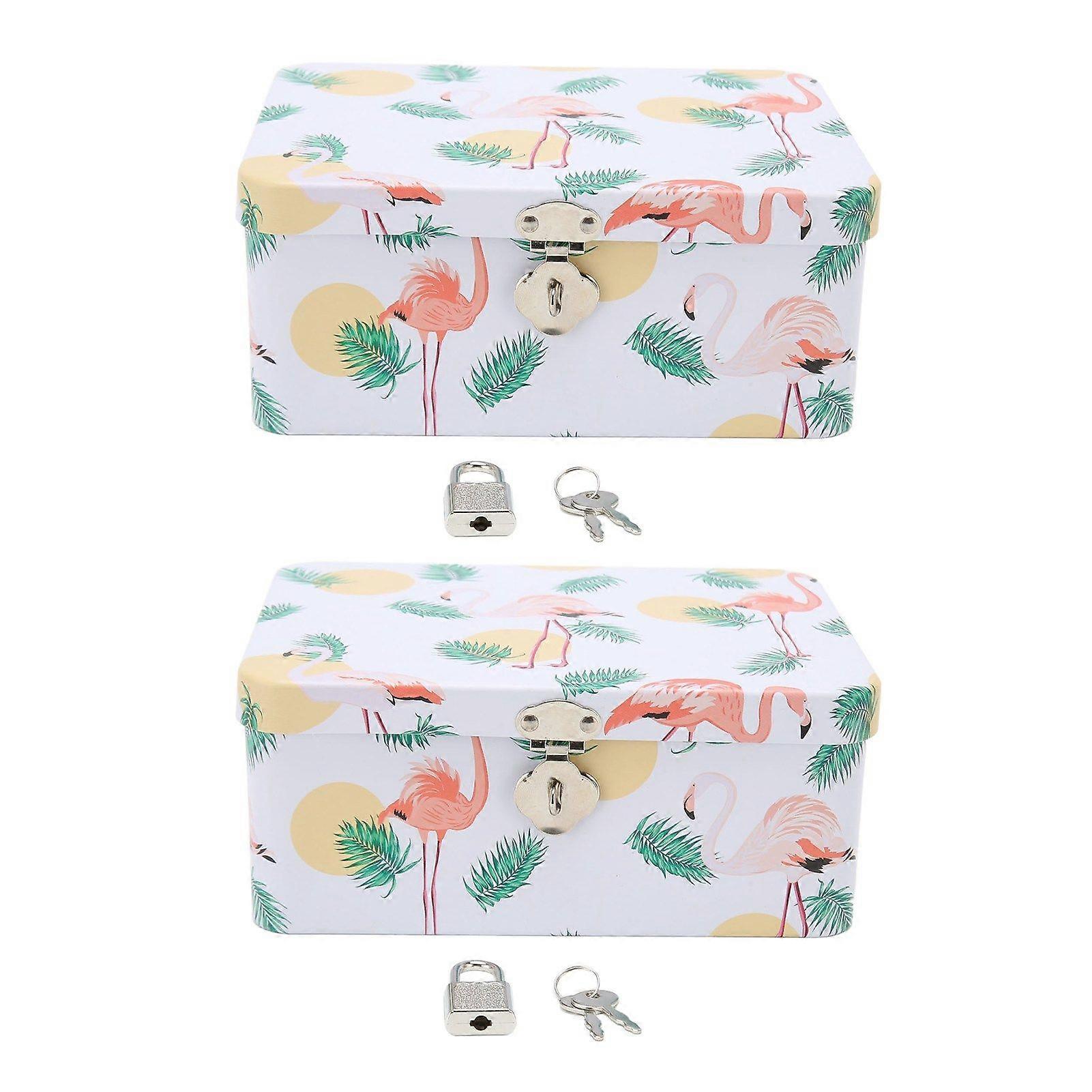 2Pcs Tinplate Storage Box Flamingo Leaves Pattern Multi Purpose Rectangular Tin Box with Locks Keys for Family Office