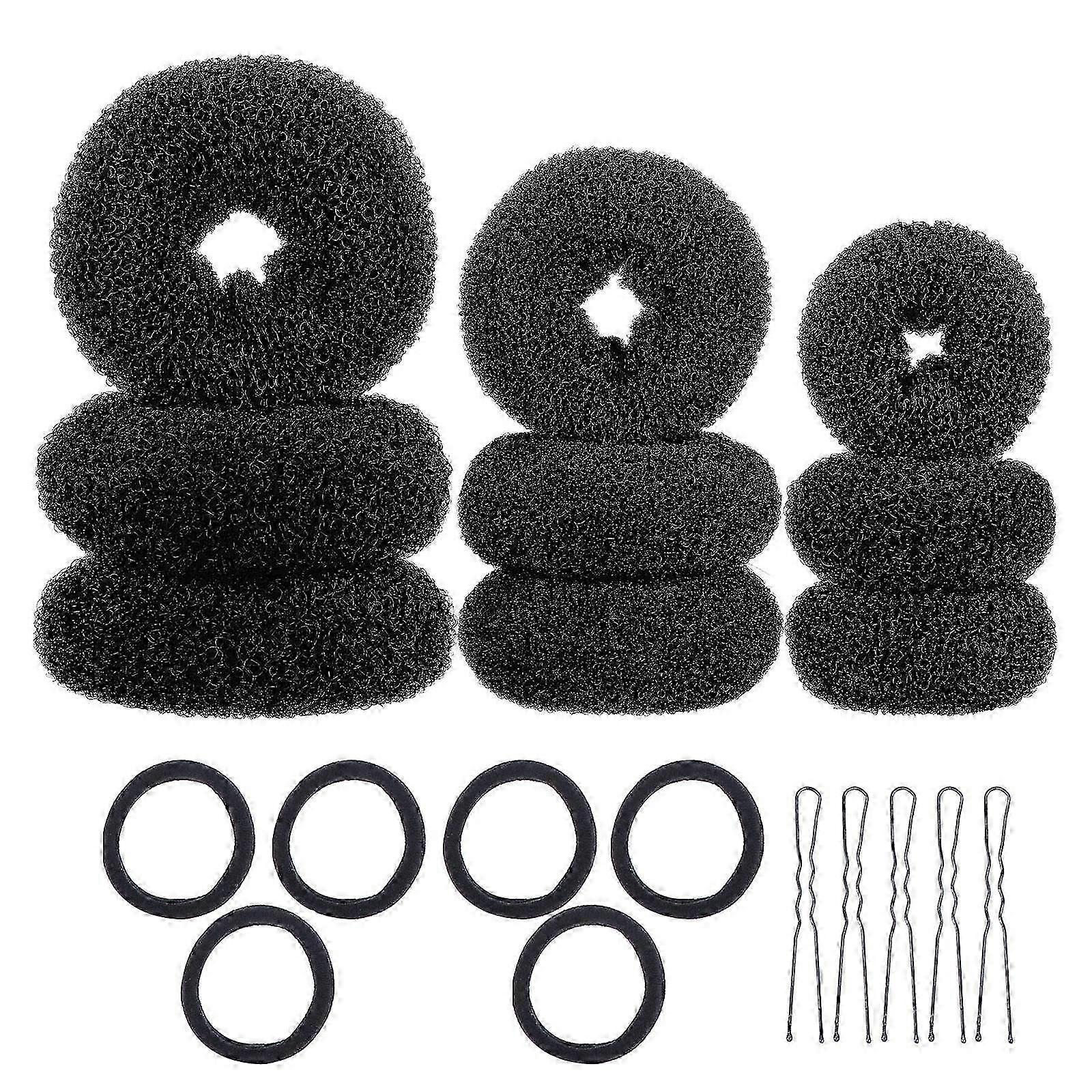 Black Hair Styling Kit with Donut Bun Makers Elastic Bands U-shaped Clips for Hair Use 3 Sets
