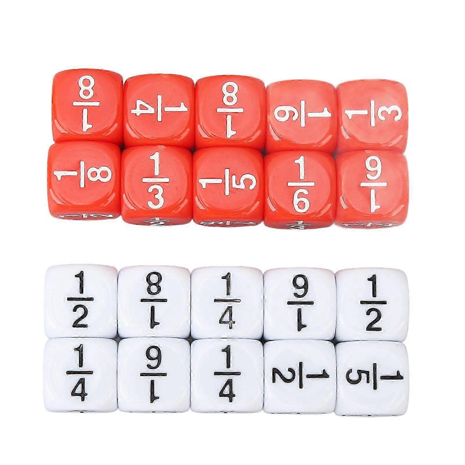 20Pcs Fractional Number Dice Intelligence Development Fraction Dice for Board Games Math Games 10 Red 10 White