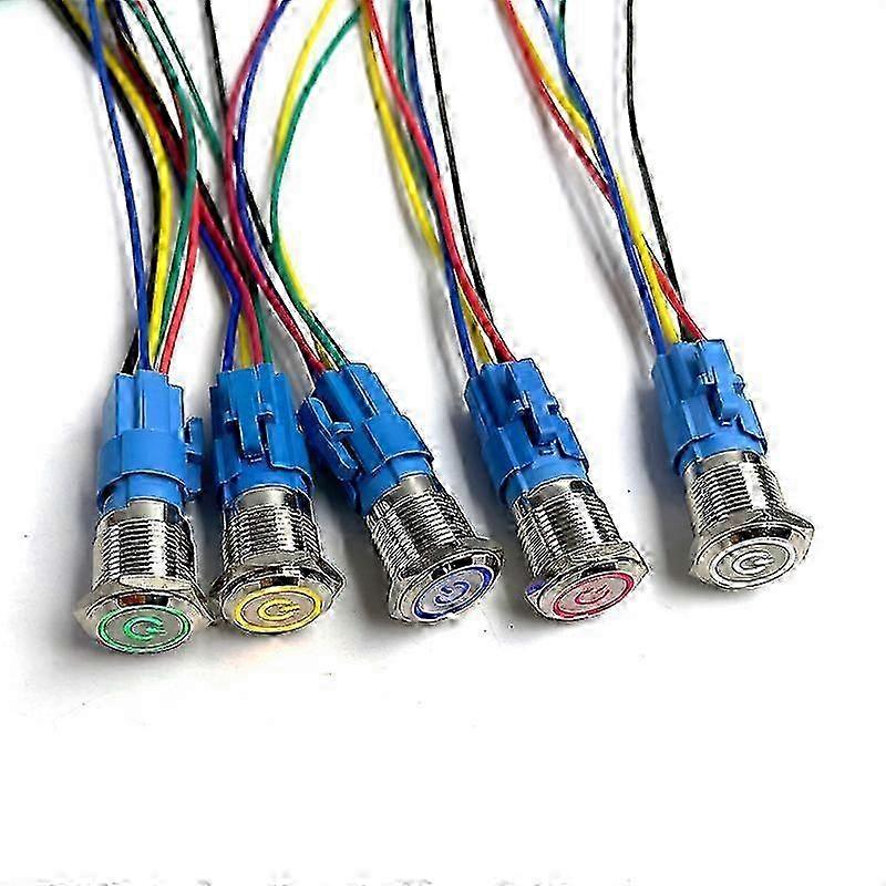 Metal Push Button Switch for LED Lights - 12v Ring Lamp with Power Symbol, Waterproof & Self-lock Reset, 5 Pcs with Connector 220