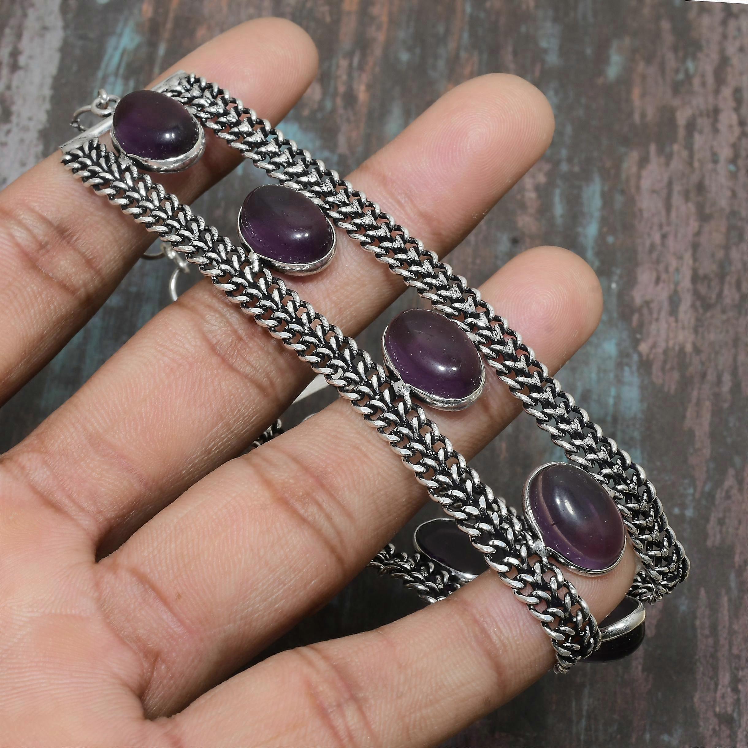 Beautiful Amethyst Gemstone Handmade Solid 925 Sterling Silver Bracelet