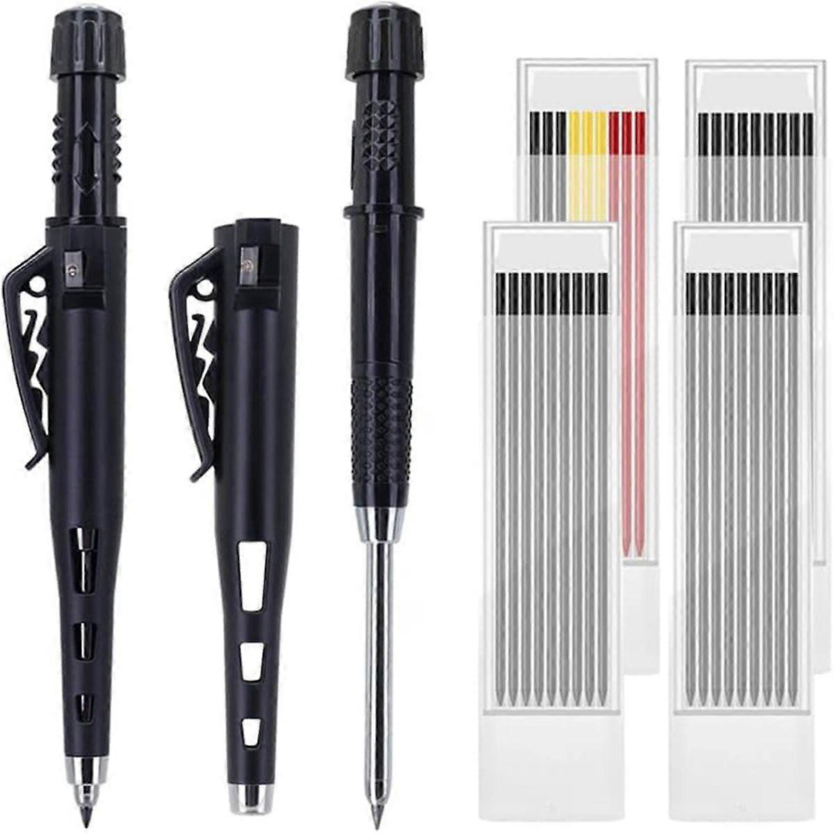 55mm Long Nib Carpenter Pencil Set - 2 Deep Hole Marking Pencils with 4 Boxes 36 Refill Leads, Work