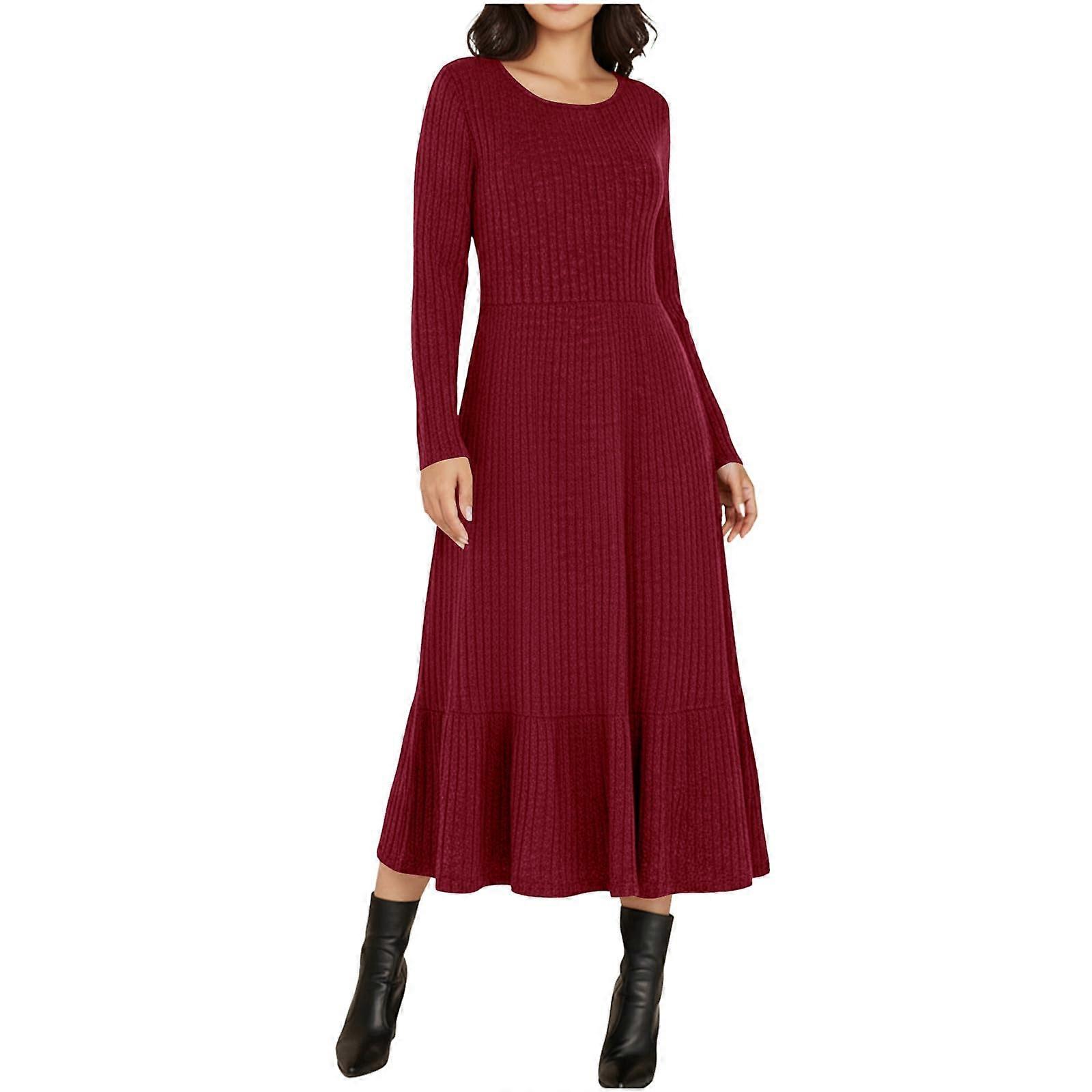 Womens Long Sleeve Dress Fall Rib Knit Round Neck A Line Soft Flowy Swing  Dresses with Pocket Casual Trendy Burgundy XL | Fruugo IT