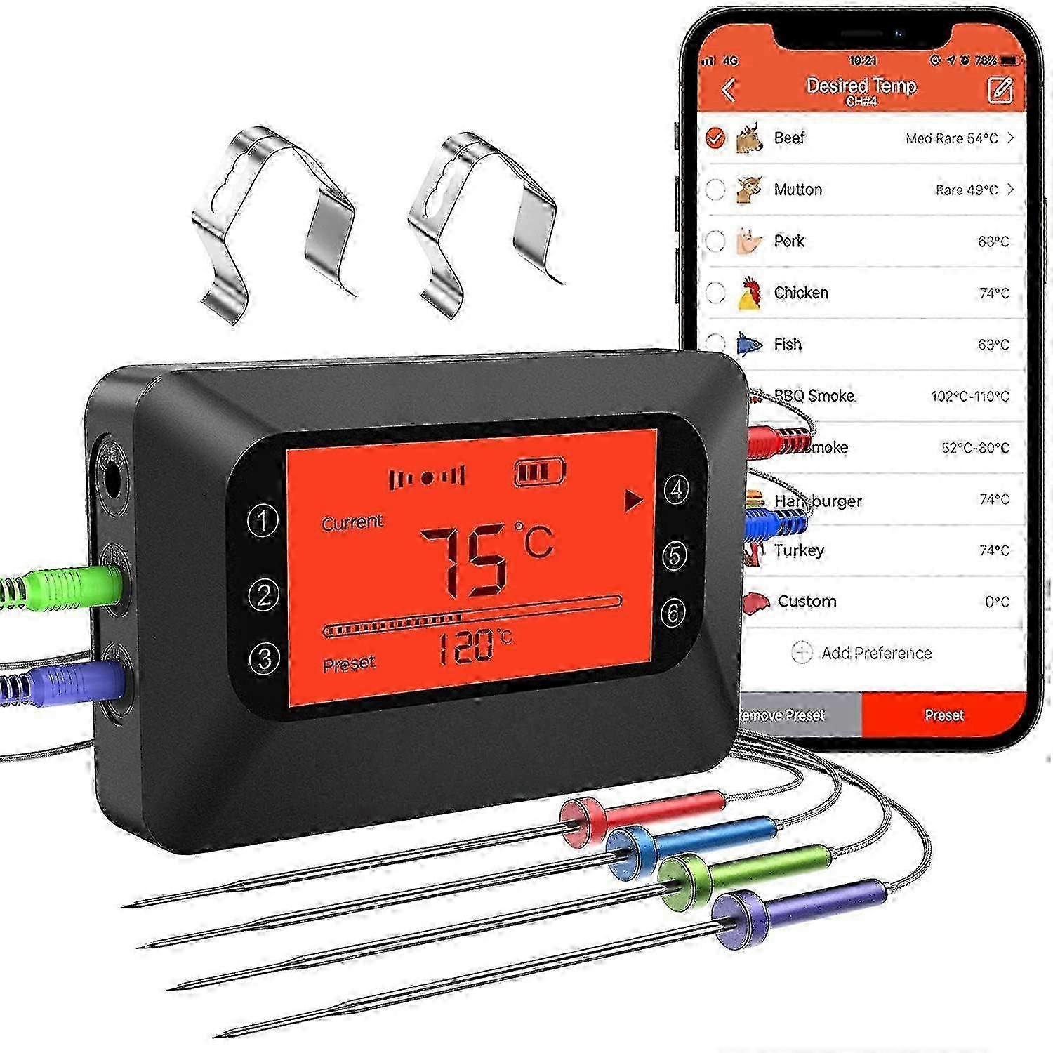 Wireless digital meat thermometer with 4 probes bluetooth large backlight display 328FT for grill bbq oven smoker