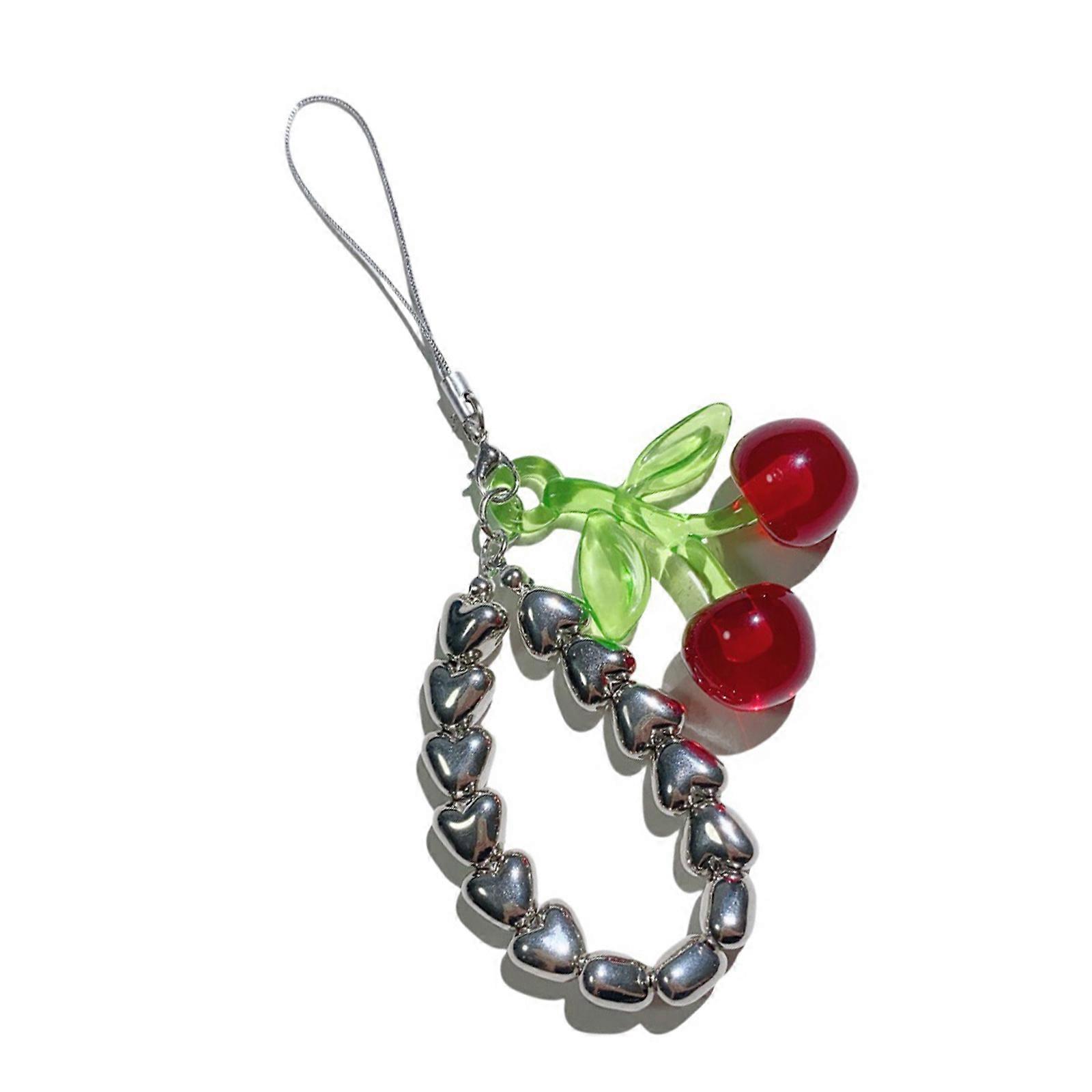 Fashionable 3D Cherry Bead Keychain For Mobile Devices Sturdy Alloy Craftsmanship Lightweight Rope Attachment  Red