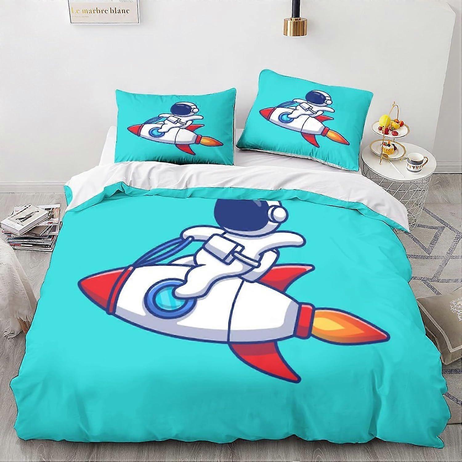 LikeEj Astronauts Duvet Cover with Pillowcases Cartoon Pattern Space Bedding Set with Zipper Closure Soft Microfiber Quilt Cover