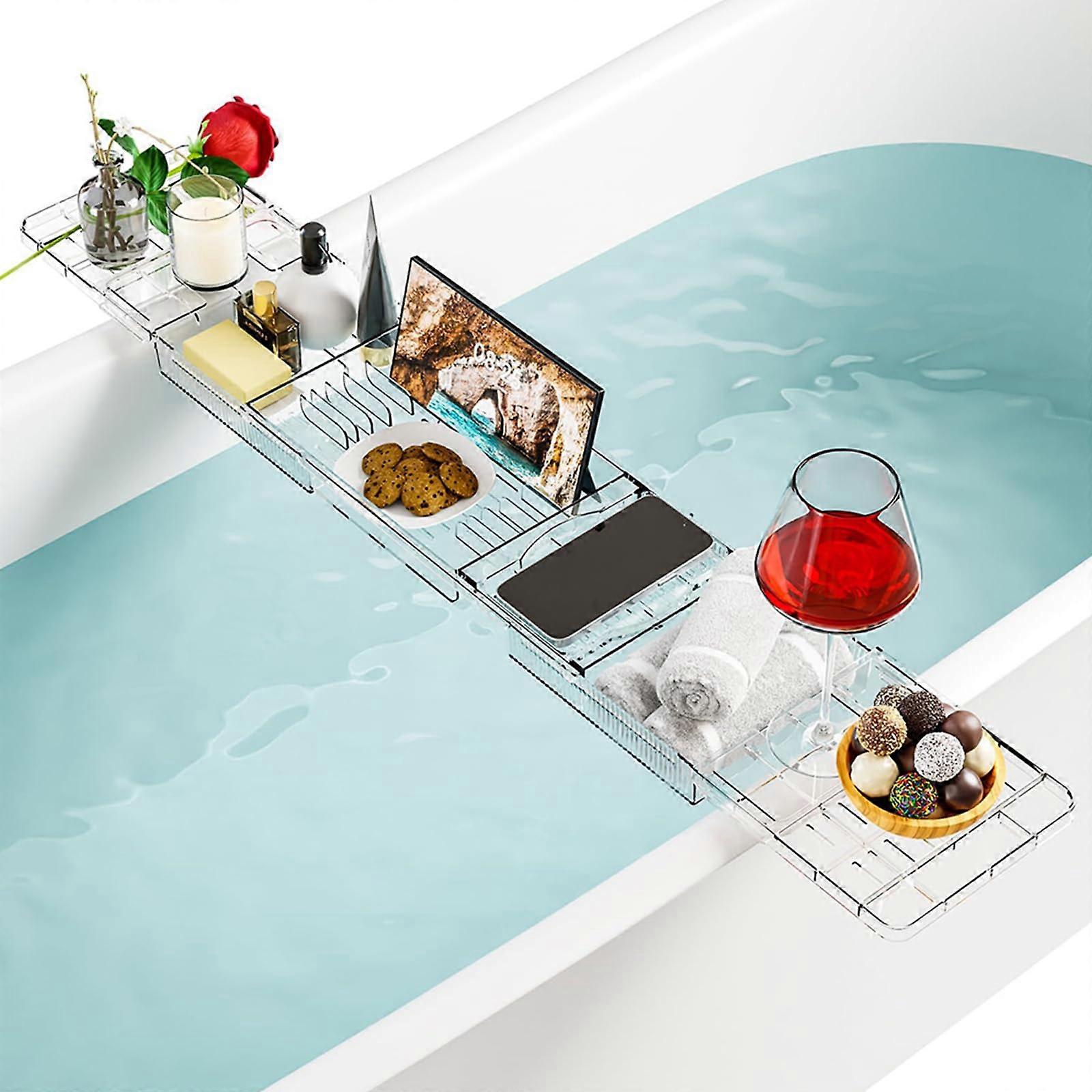 Expandable Transparent Bath Tray with Adjustable Bathtub Rack for Candle, Book, Wine, Phone Storage