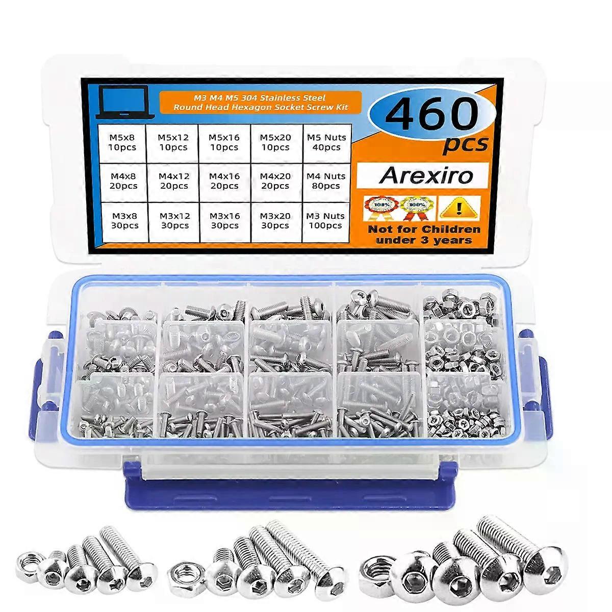 460Pcs M3 M4 M5 Stainless Steel Button Head Hexagonal Socket Bolt Nut Combination Kit