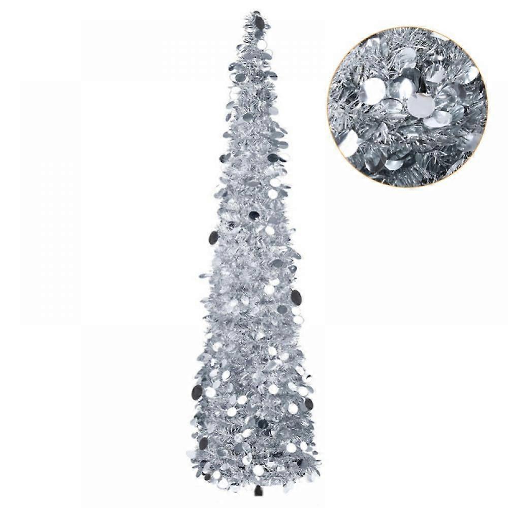 5FT Pop Up Christmas Silver Tinsel Tree w/Colorful Reflective Sequins, Collapsible Artificial Pencil Xmas Tree with Stand, Easy-Assembly Reusable