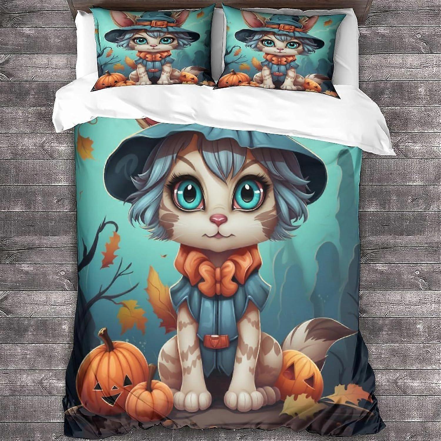 LikeEj Cat Duvet Capa Animal Print Design Roupa de Cama Conjunto Microfibra Macia com Fechamento com Zíper Halloween Colcha Capa Fraschas Rei