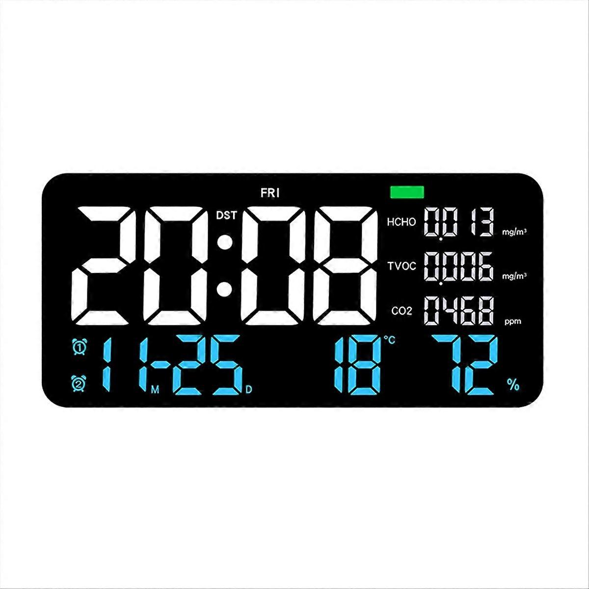 LED Digital Wall Clock Formaldehyde/CO2/TVOC Display blue