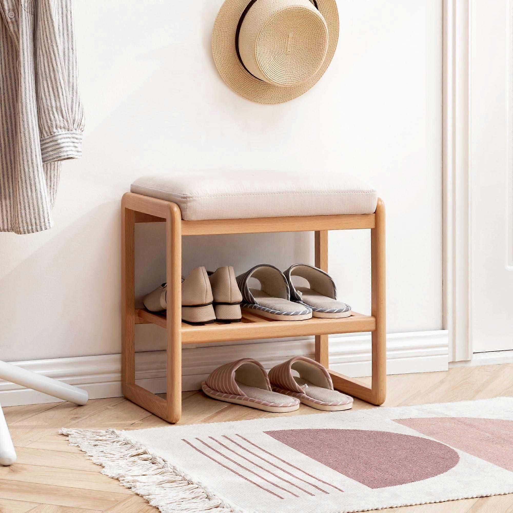 Solid Wood Shoe Storage Bench with Cushion, TwoTier Entryway Seat for Small Spaces