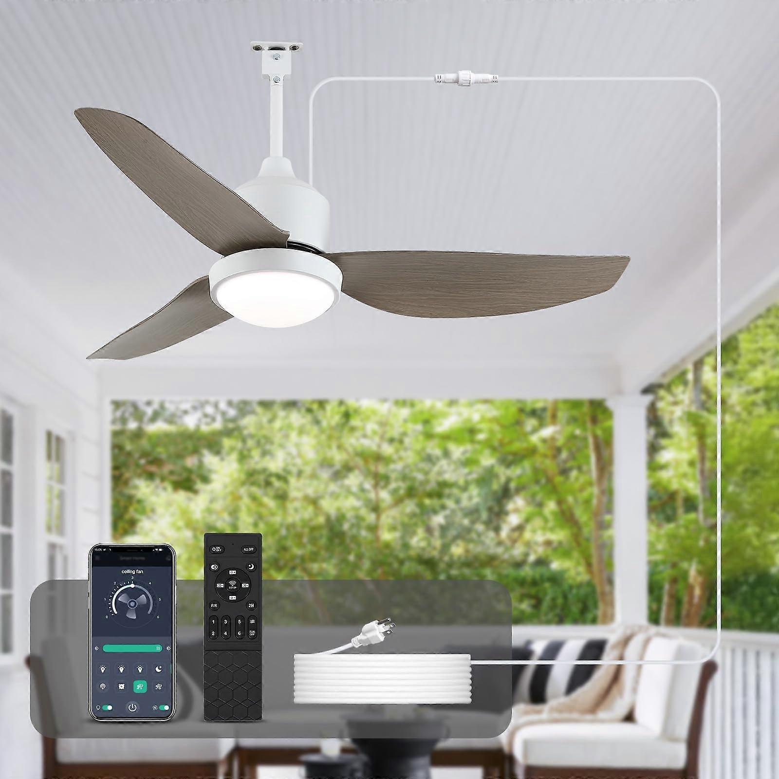 Waterproof Outdoor Ceiling Fan with Light, 42' LED, Silent DC Motor, Remote and App Control, WhiteWood Grain for Patio