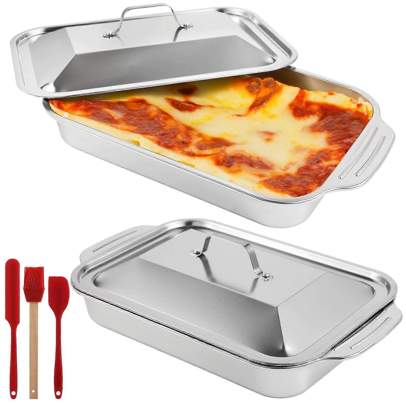 Steel Baking Pan Set Rectangle Roasting Pan with Lid Dishwasher and Oven Safe RustResistant Steel
