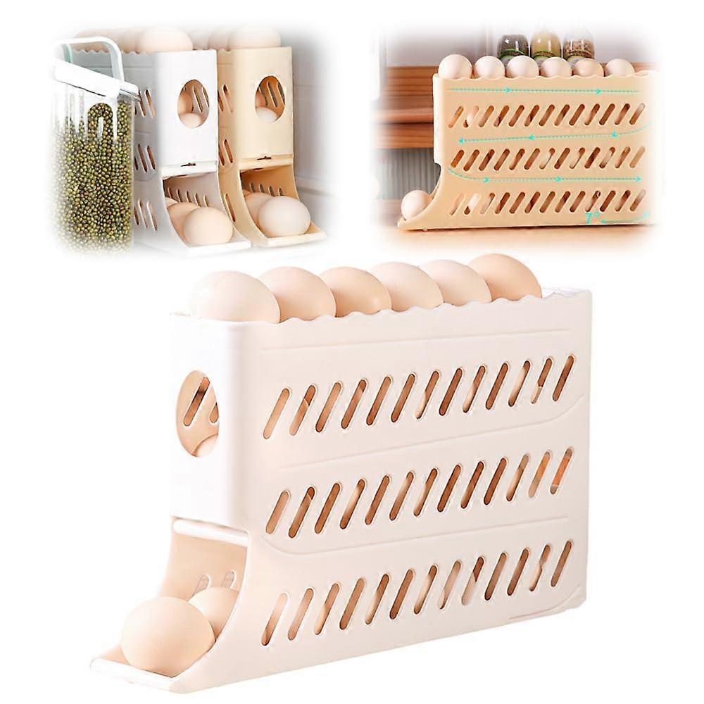 Egg Holder for Refrigerator, Automatic Rolling 4Tier Organizer, SpaceSaving Egg Dispenser for Kitchen Counter (White)