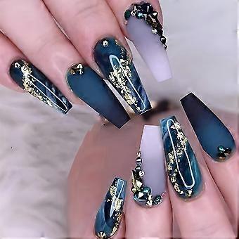 Medium Coffin Press on Nails Set Blue Marble with Rhinestones Reusable Full Coverage Nail Tips