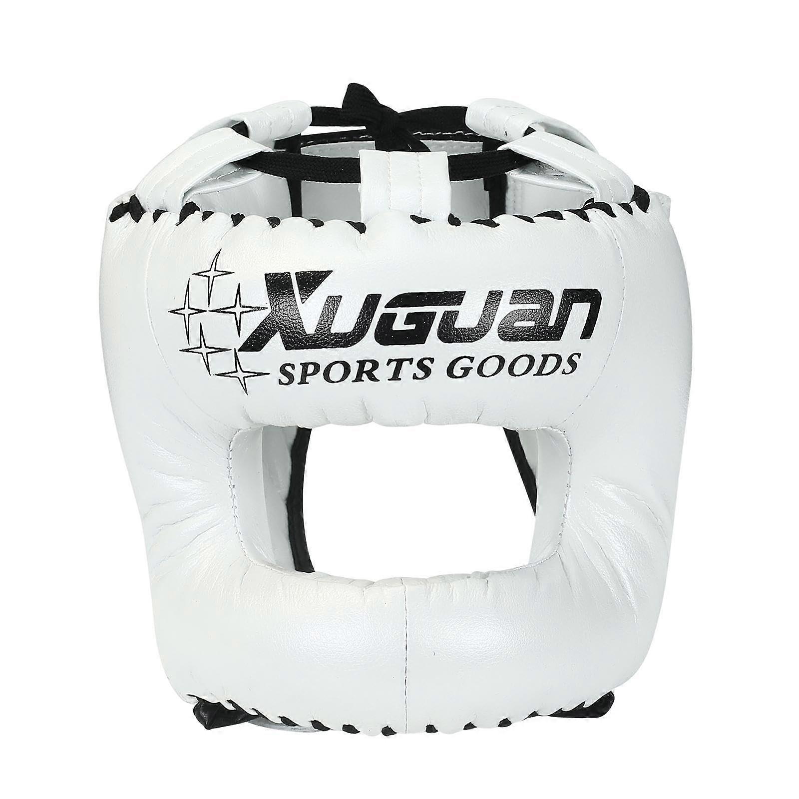Adjustable Padded Boxing Headgear for Sanda Karate Grappling Training, Full Face White Protector