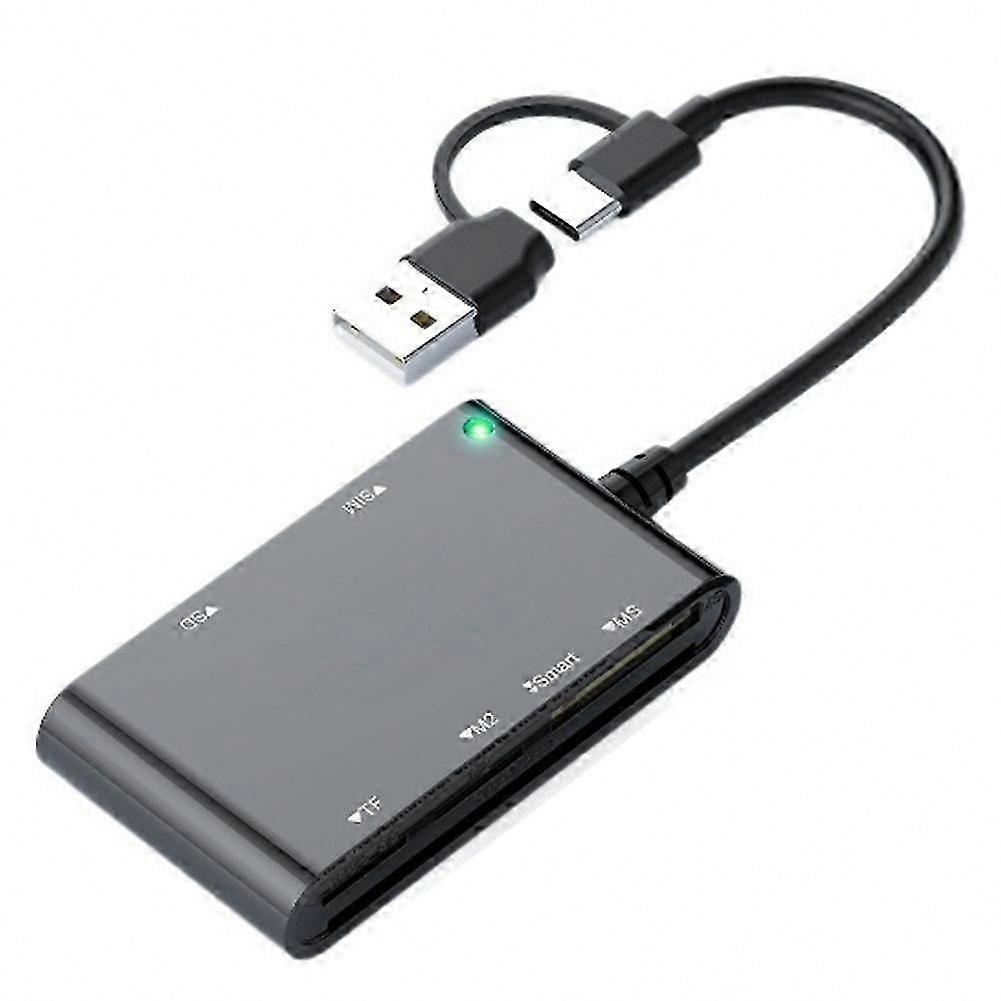 Card Reader 6-in-1 Multi-Function USB and Type-C to Smart, MS, M2, TF, SIM, SD for PC Laptop Data Transfer