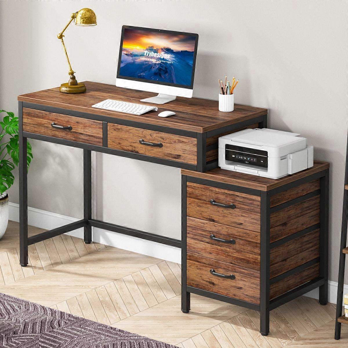Computer desk with 5 drawers, study desk with reversible drawer unit