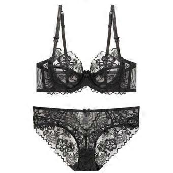 European and American sexy underwear women's French ultra-thin transparent lace underwear large chest small anti-sagging large size bra set