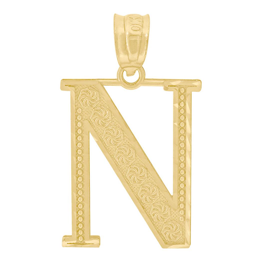 10Kイエローゴールド男女兼用スパークルカットイニシャルレターNチャームペンダントネックレス女性用27x16.00mmワイドペンダント