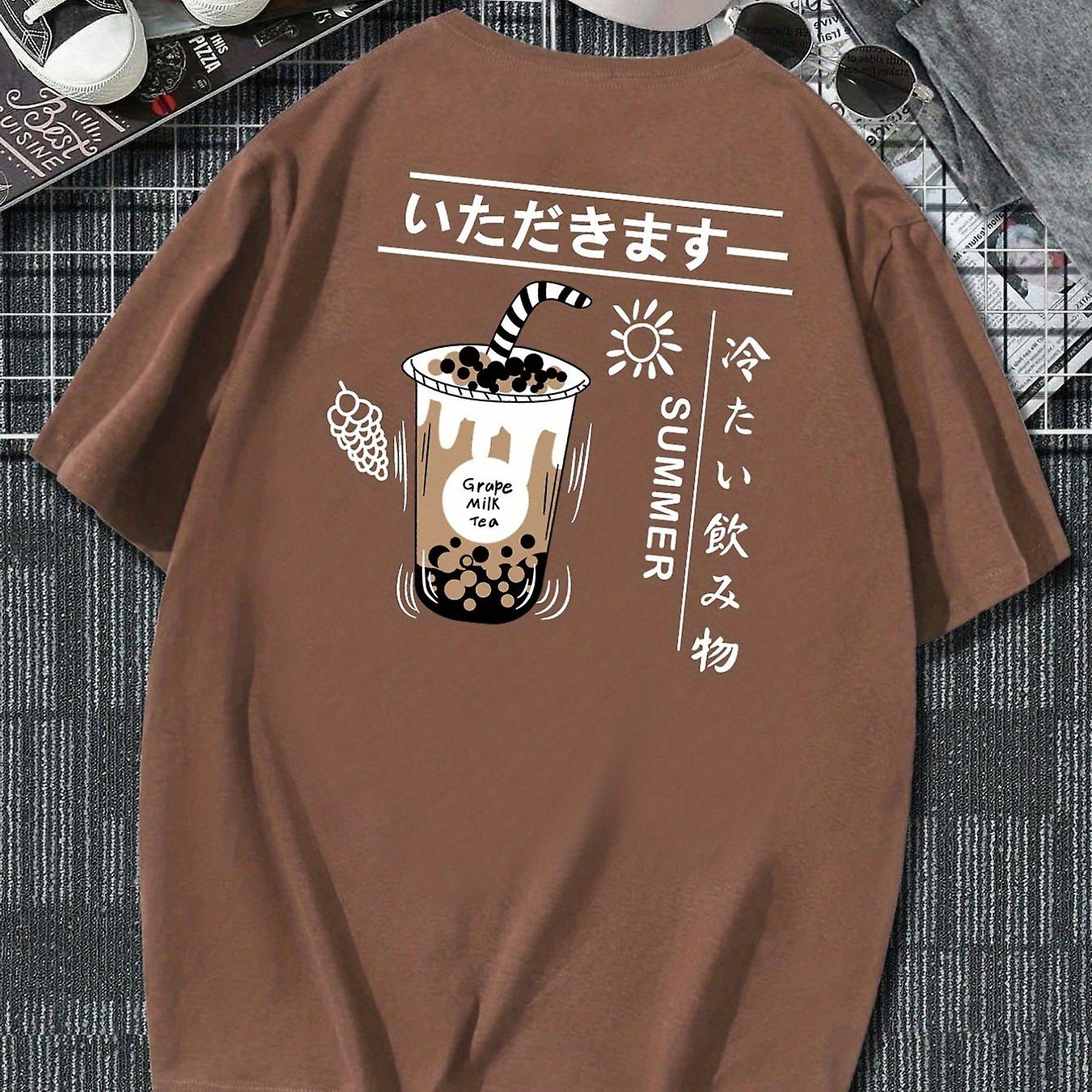 شاي حليب كانجي الياباني للرجال S عارضة تمتد قليلا طاقم الرقبة الرسم المحملة ملابس الذكور لفصل الصيف