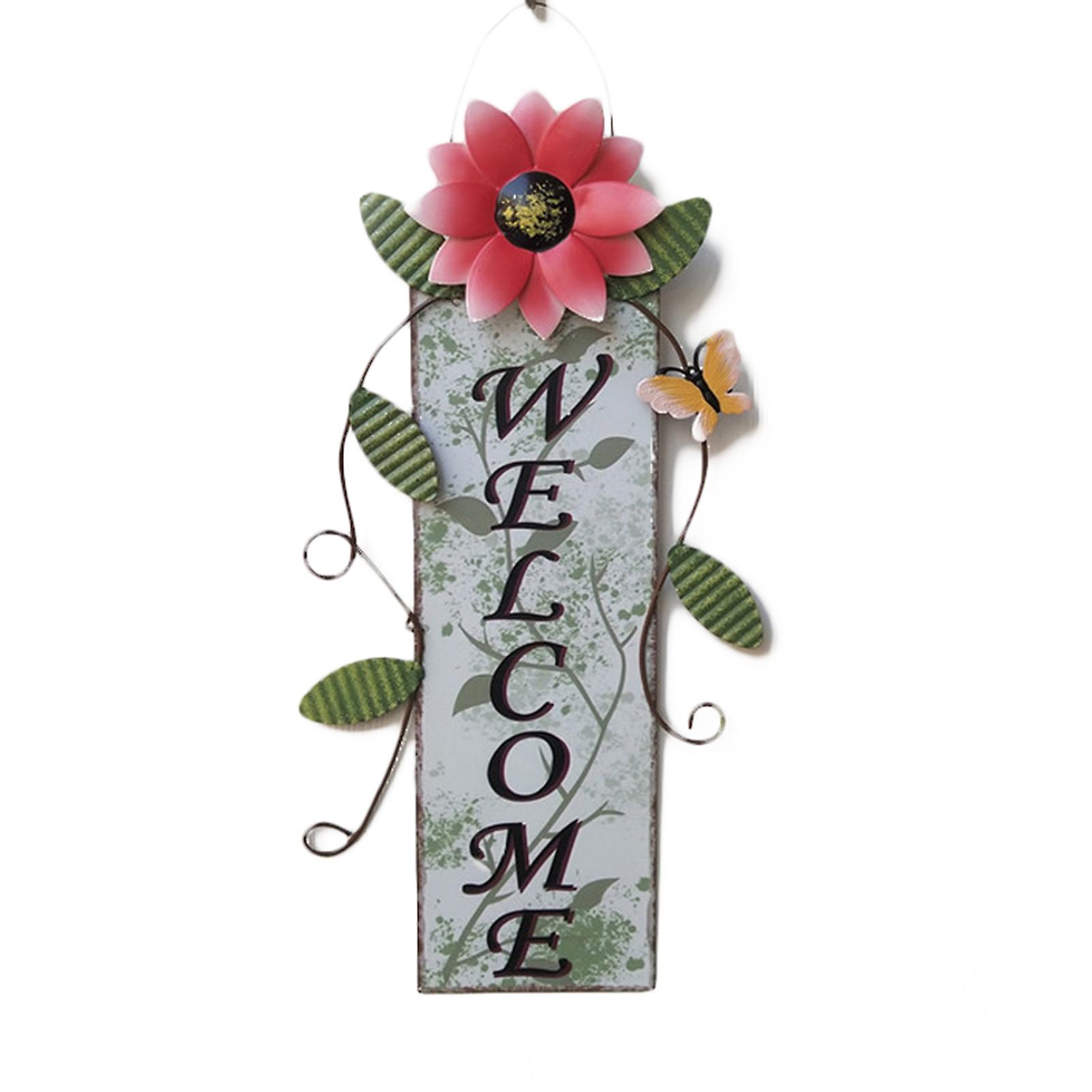 Floral Welcome Sign Front Door Decor Wrought Iron Flower Hanging Gates Plaque Decoration for Home