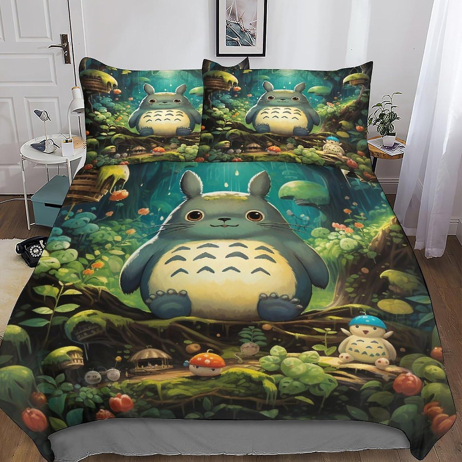 Totoro Quilt Cover Set with Hidden Zipper Closure - 3 Pieces Anime Cartoon Bedding Set in Microfiber with 3D Print And Pillowcases - Ideal for Boys An