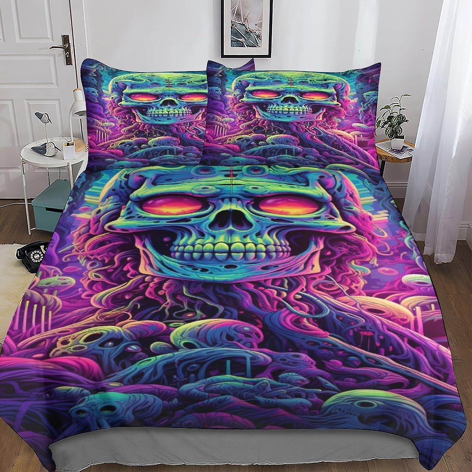 VCLUST Flowers Skull 3D Pokrowiec Zestaw Dla Dzieci Chłopcy Nastolatki Poszwa na kołdrę, 3 sztuki Komplet pościeli Evil Skeleton Poszewka na kołdrę, Poszewka na kołdrę z poszewkami na poduszki S