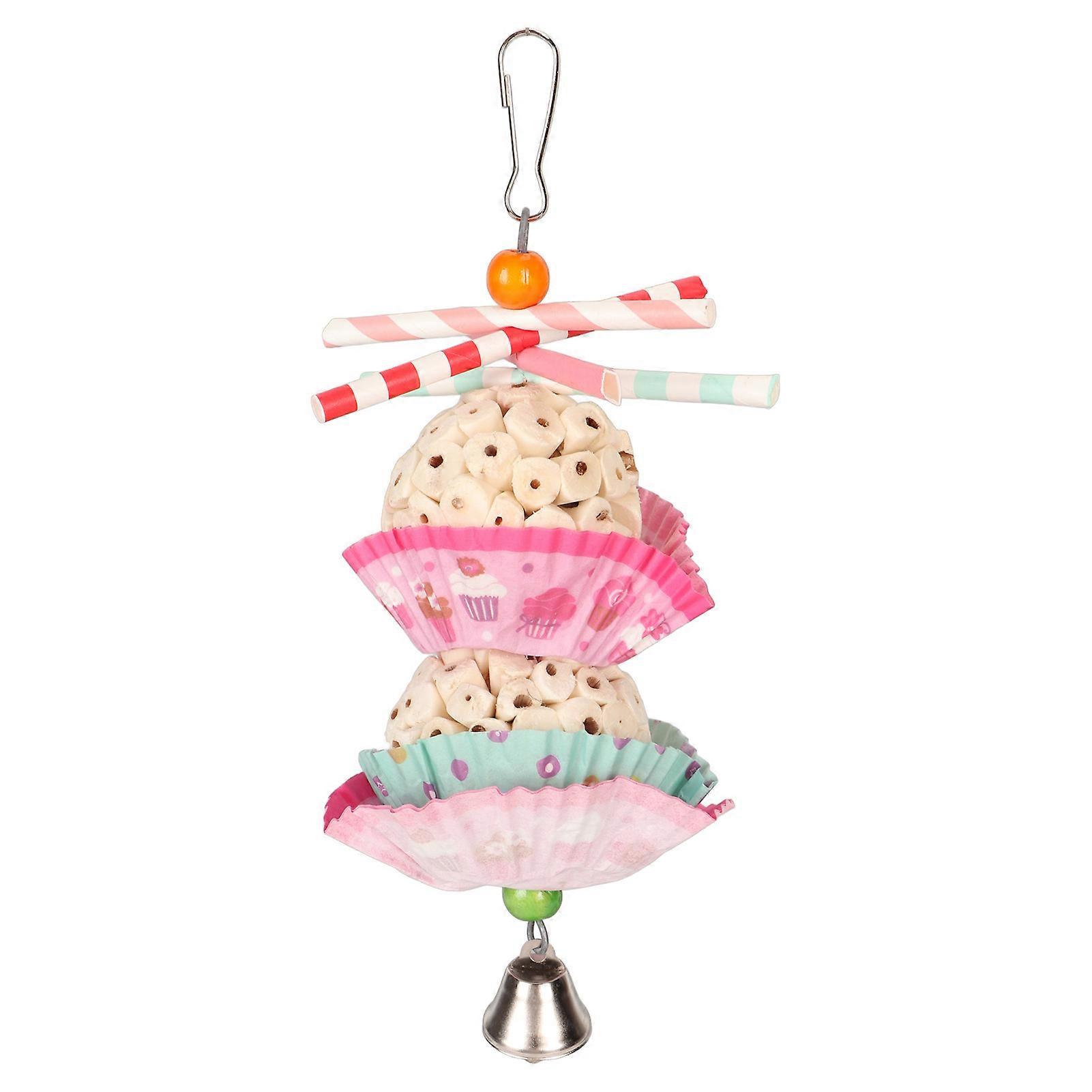 Cake Bird Foraging Toy Edible Soft Boredom Relief Parrot Shredding Chewing Toy for Cockatiel Budgie Double Ball String