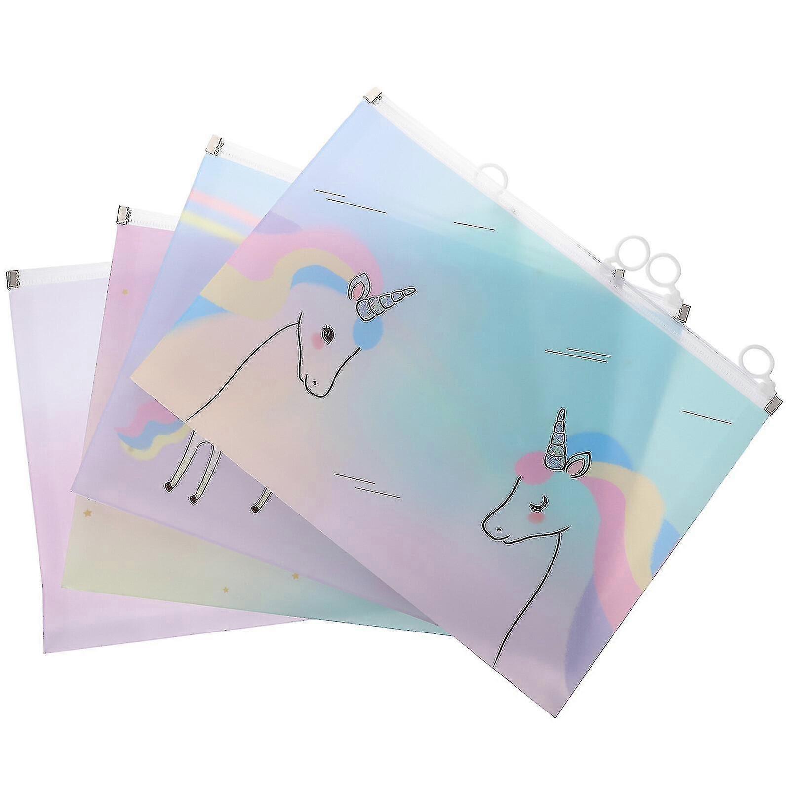 4pcs Zipper Pouches Waterproof A4 File Bags Unicorn Pattern Document Holders