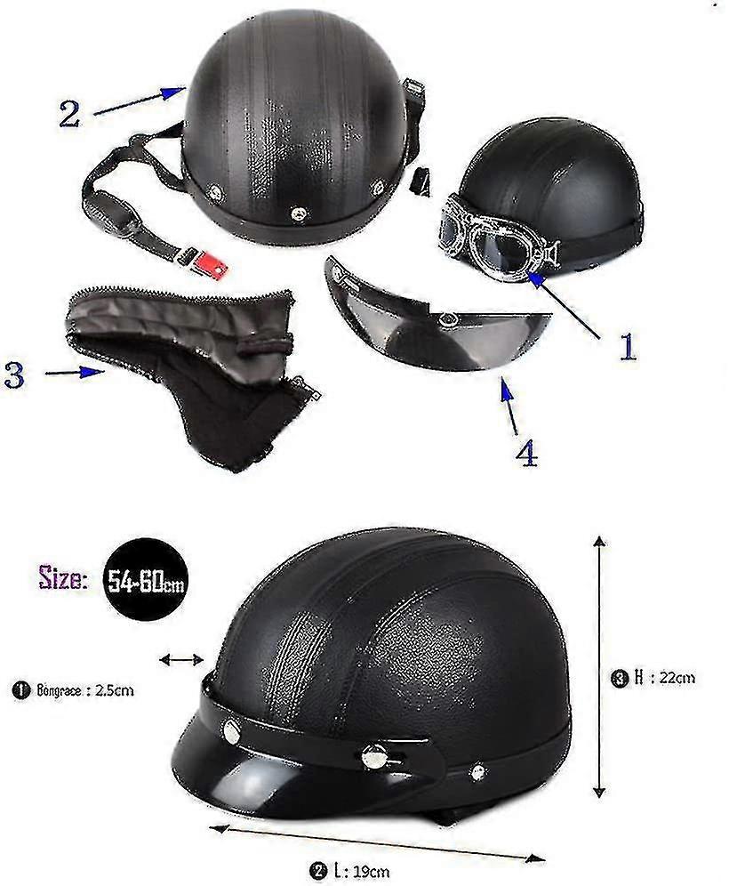 Moto Scooter Open Half-face Capacete de Couro Com Óculos Anti-UV Retro Estilo Vintage 54-60cm