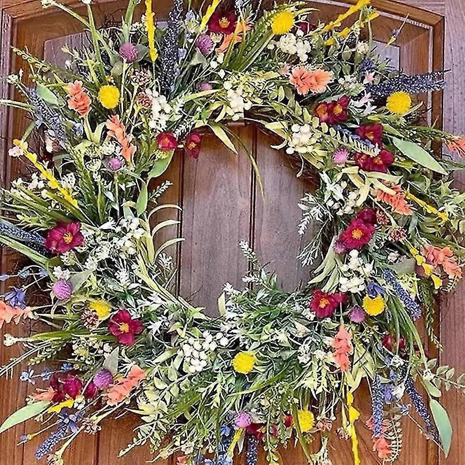 2024 Outdoor Front Door Spring And Summer Wildflower Garland Simulated Dried Flowers Weatherproof Green Year-round Garland, Home, Countryside, Indoor