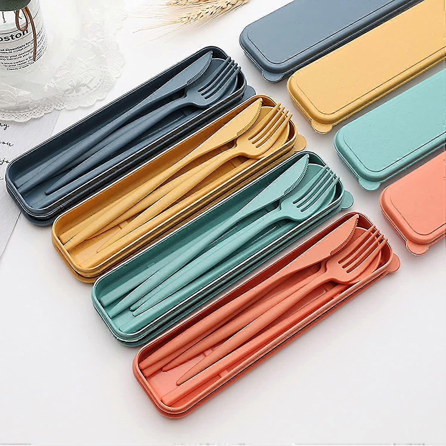 4 sets de couverts en paille de blé, sets de couverts de voyage réutilisables pour les boîtes à lunch, le camping sur le lieu de travail, les pique-scolaires ou l’utilisation quotidienne (vert, jaune, orange, bleu)