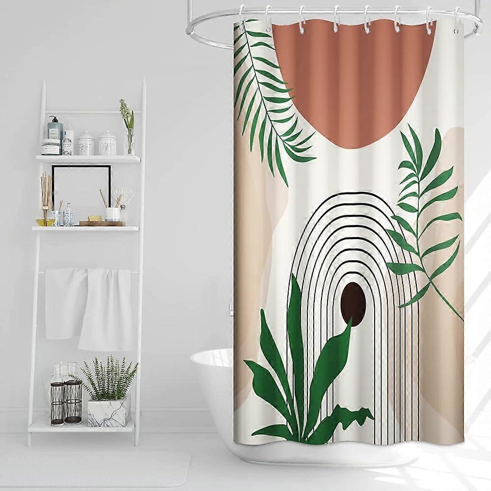 ستارة دش الرجعية ، منتصف القرن بوهو أزرق مخضر أخضر الصفصاف أوراق النخيل الحمام دش الستار قوس قزح خطوط سوداء صن مون حوض الاستحمام مقاوم للماء ديكوراشيو