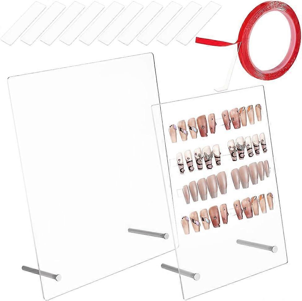 2 Pcs Clear Acrylic Nail Art Display Holder 2 Styles Nail Art Display Board with 9.8ft Double Sided Adhesive Tape and 10 Pcs Acrylic Clear Strips Tape