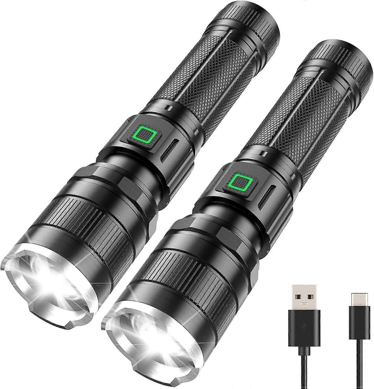 Torch LED Rechargeable Pack of 2, 10000 Lumen LED Torch Extremely Bright with 3 Modes, IP65 Waterproof Torch Zoomable for Camping, Hiking, Outdoor, Em