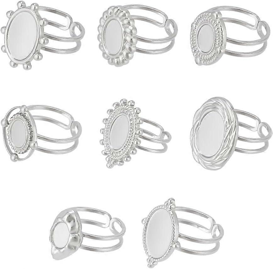 DIY 8Pcs 8 Styles Oval Cabochon Bezel Blank Tray Ring Bases 304 Stainless Steel Finger Ring Components Open Adjustable Cuff Ring Blanks Pad Ring Setti