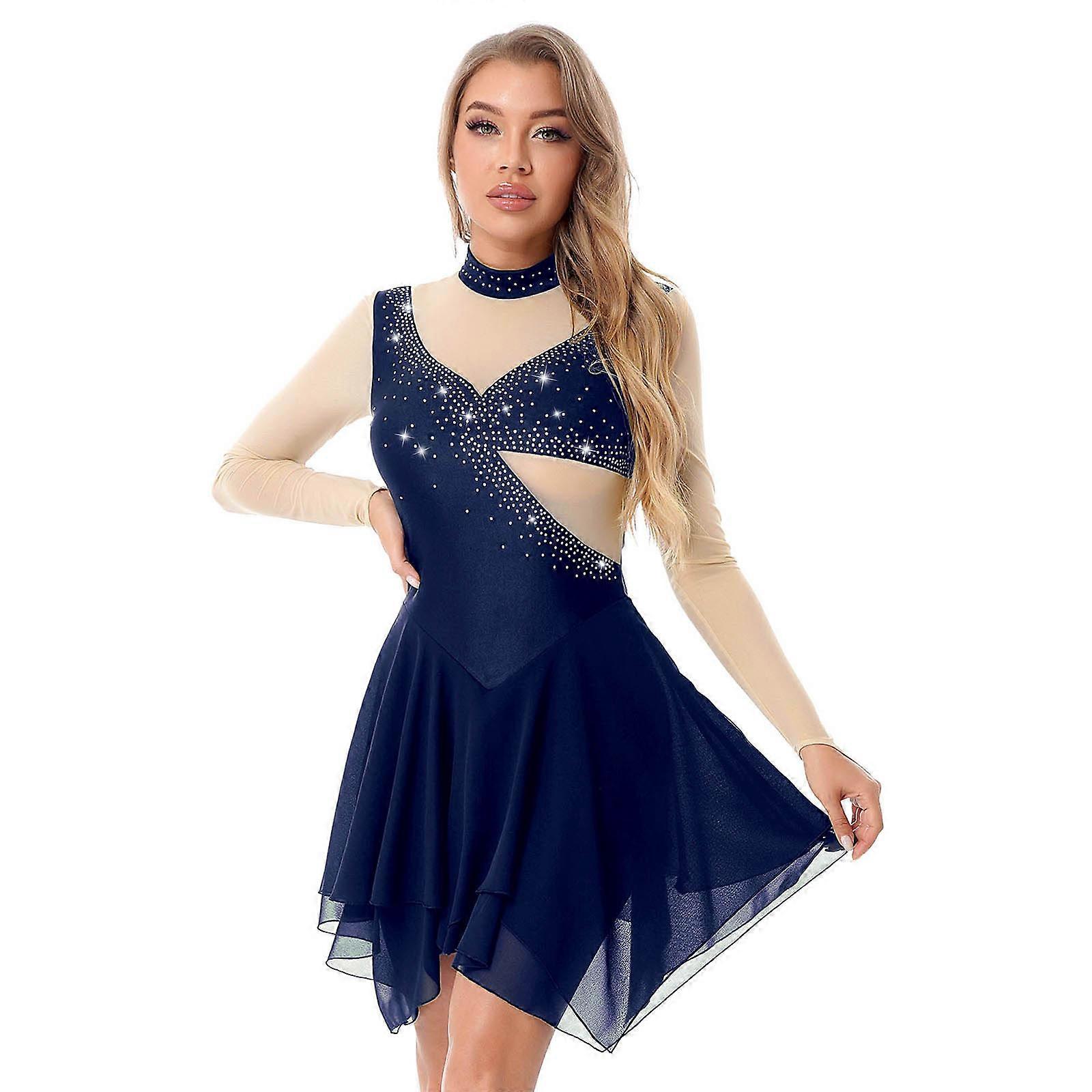 Women Ballet Leotard Dress Adults Lyrical Dance Costume Long Sleeves Gymnastics Figure Skating Dance Dress for Stage Performance