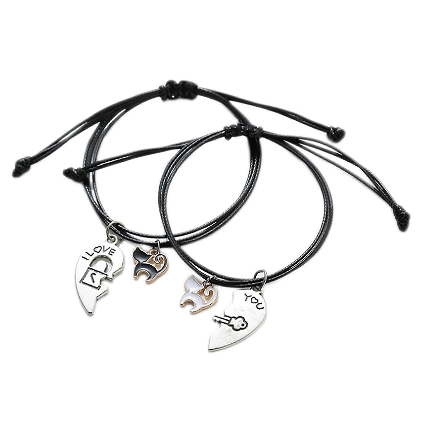 2Pcs Pull Adjustable Cat Open Heart Shape Hanging Drop Couple Braided Bracelet