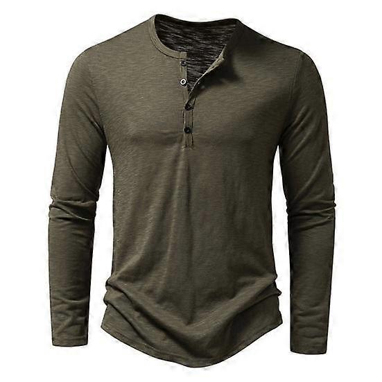 Men Fall Spring T-shirt Round Neck Button Solid Color Thin Long Sleeve Pullover Soft Casual Daily Bottoming Top Sports Clothes