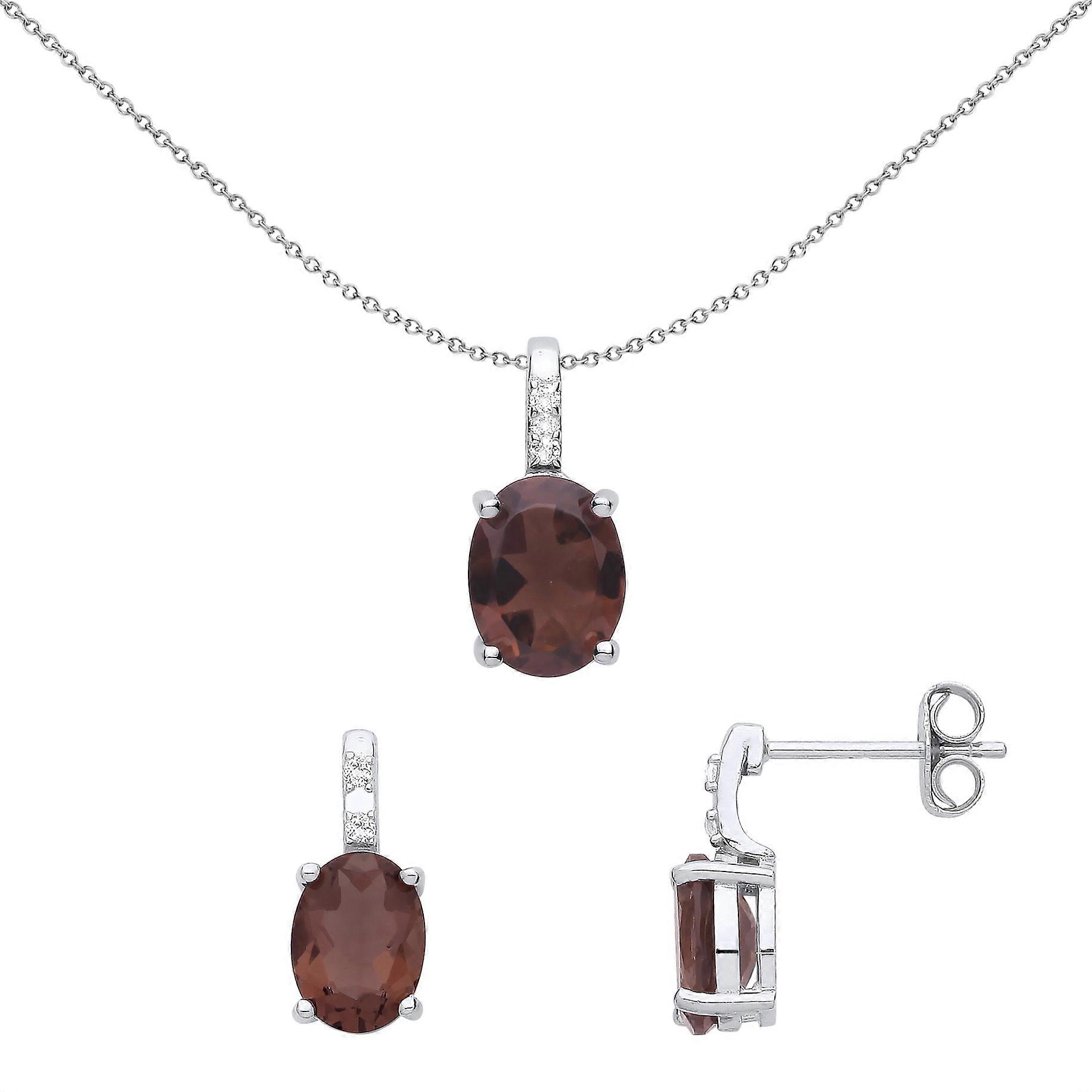 Jewelco London Ladies Rhodium Plated Sterling Silver Brown- Oval CZ Lollipop Cluster Solitaire Earrings Necklace Set
